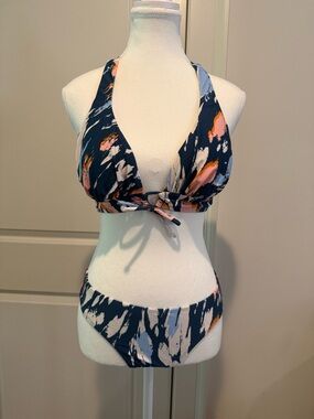 Athleta Navy Blue and Orange Abstract Print Halter Bikini
